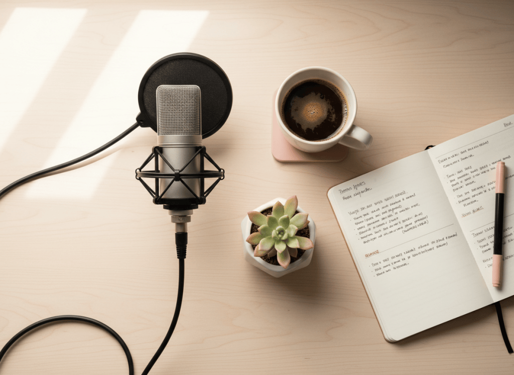 A podcast microphone on a warm, softly lit wooden desk