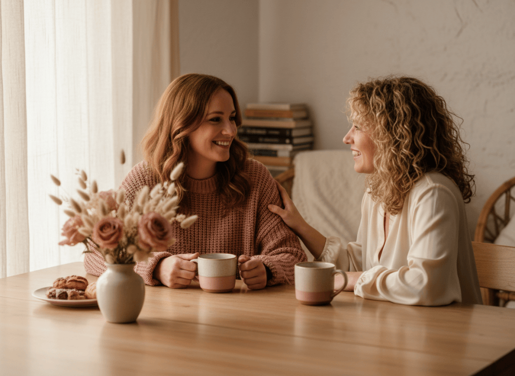 A warm, supportive coaching conversation between two people
